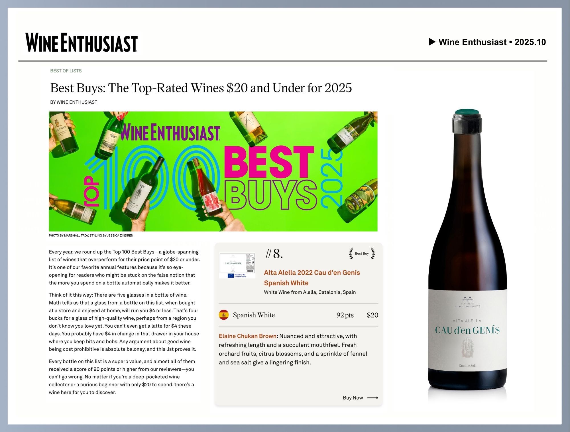 Wine Enthusiast Best Buys Cau d'en Genís white organic wine from Alella
