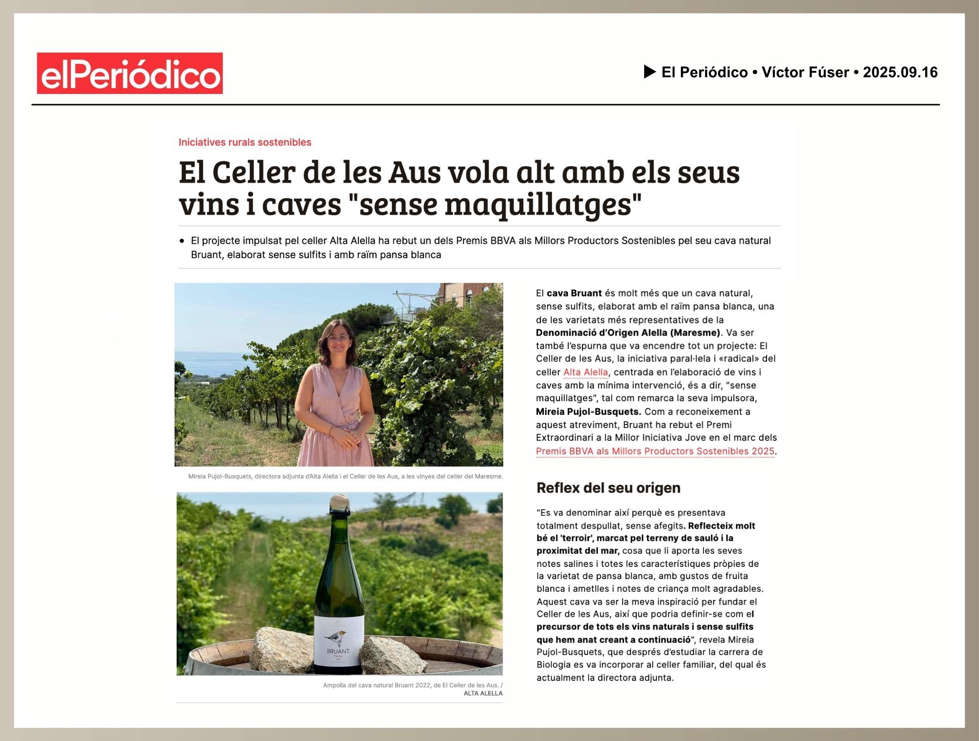 Bruant DO Cava natural sense sulfits afegits / Natural Cava no added sulfites / Alta Alella & Celler de les Aus